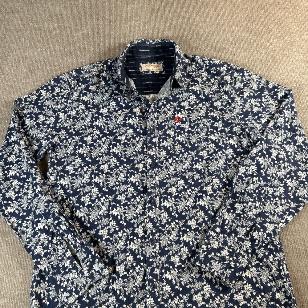 Ed Hardy Navy and White Floral Button Down Shirt